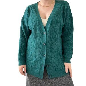 NWOT Garnet Hill Dark Teal Green 100% Cashmere Cable Knit Cardigan Sz L